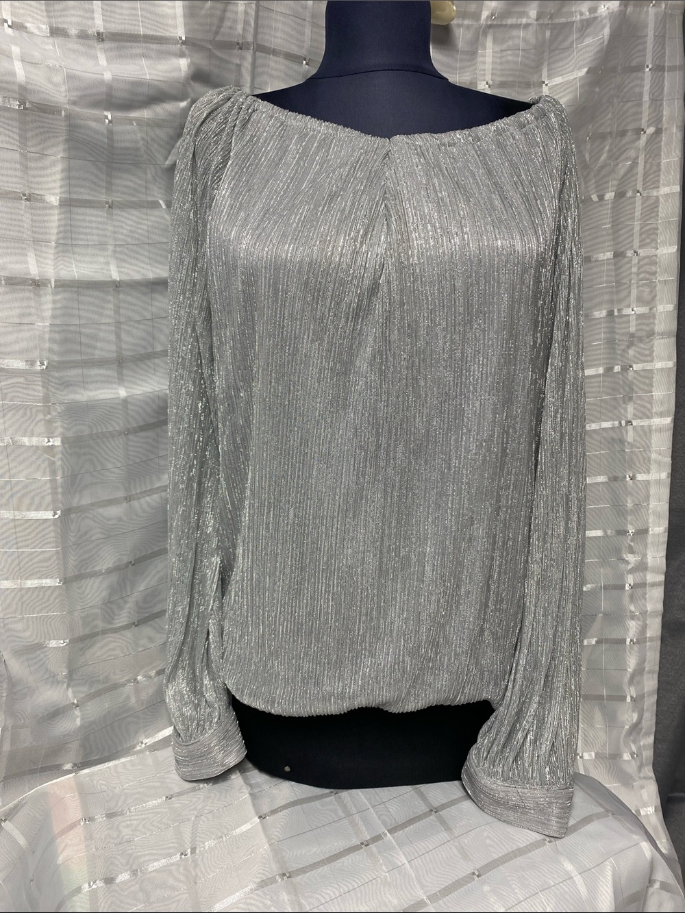 CeCe Silver Shimmer Pleated Long-Sleeve Blouse